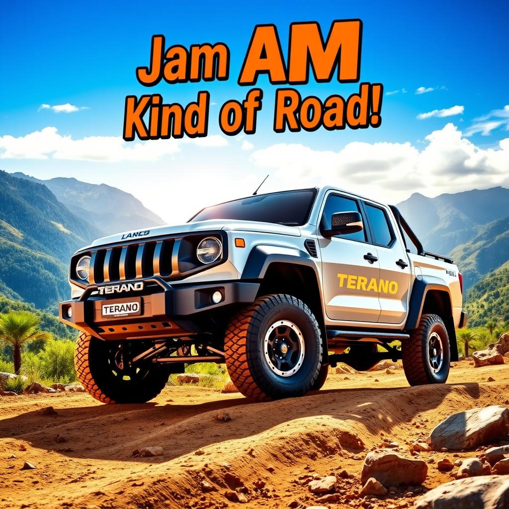 A vibrant and eye-catching poster featuring the JAM Terano 4x4 truck in a stunning outdoor setting