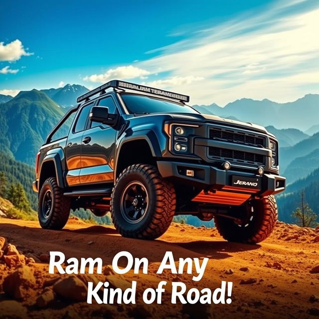 A vibrant and eye-catching poster featuring the JAM Terano 4x4 truck in a stunning outdoor setting