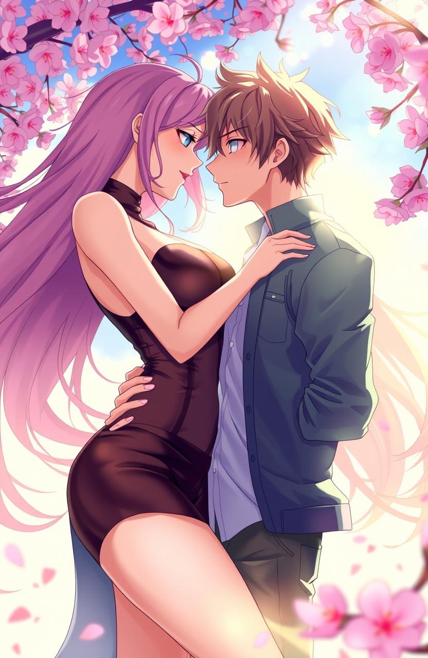 A beautifully illustrated anime-style scene depicting a seductive couple in an intimate embrace