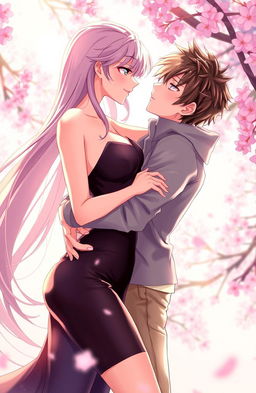 A beautifully illustrated anime-style scene depicting a seductive couple in an intimate embrace