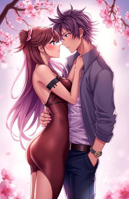 A beautifully illustrated anime-style scene depicting a seductive couple in an intimate embrace