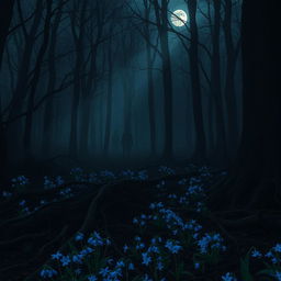 A dark and moody scene depicting a mysterious forest where a series of chilling murders have occurred, filled with fog and eeriness