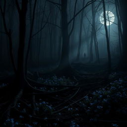 A dark and moody scene depicting a mysterious forest where a series of chilling murders have occurred, filled with fog and eeriness