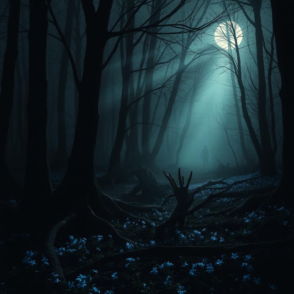 A dark and moody scene depicting a mysterious forest where a series of chilling murders have occurred, filled with fog and eeriness