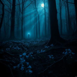 A dark and moody scene depicting a mysterious forest where a series of chilling murders have occurred, filled with fog and eeriness