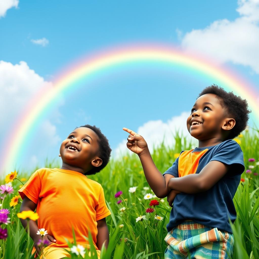 Two young black twin boys, each with bright smiles, happily staring up at a vibrant rainbow arching across a blue sky after a refreshing rain shower