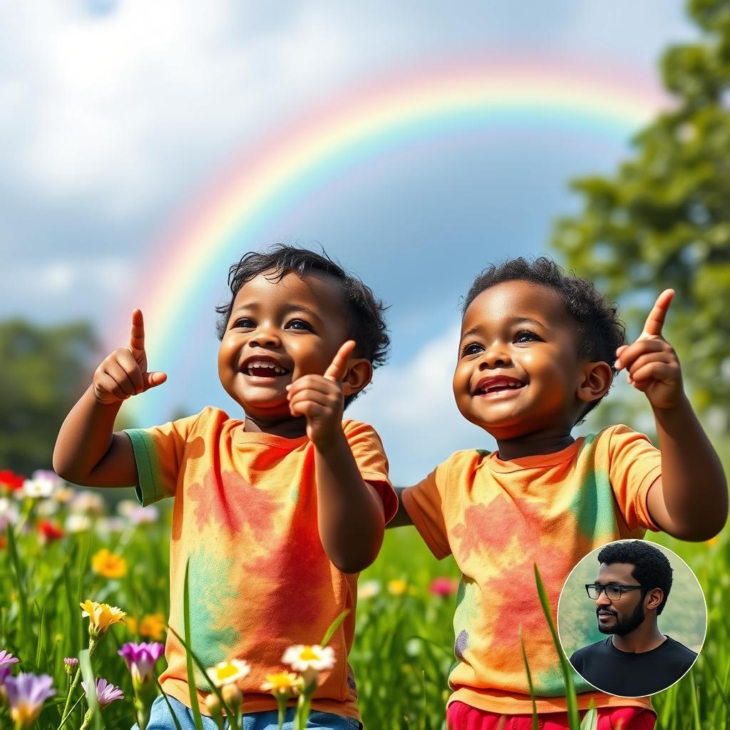 Two young black twin boys, each with bright smiles, happily staring up at a vibrant rainbow arching across a blue sky after a refreshing rain shower