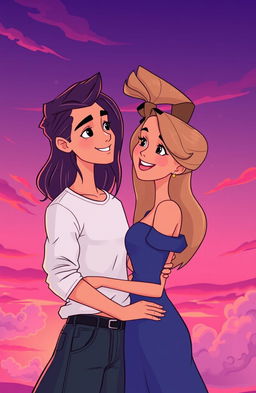 A charming cartoon portrayal of a handsome man and a beautiful woman in a romantic pose