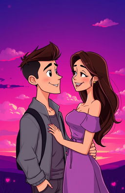 A charming cartoon portrayal of a handsome man and a beautiful woman in a romantic pose