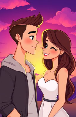 A charming cartoon portrayal of a handsome man and a beautiful woman in a romantic pose