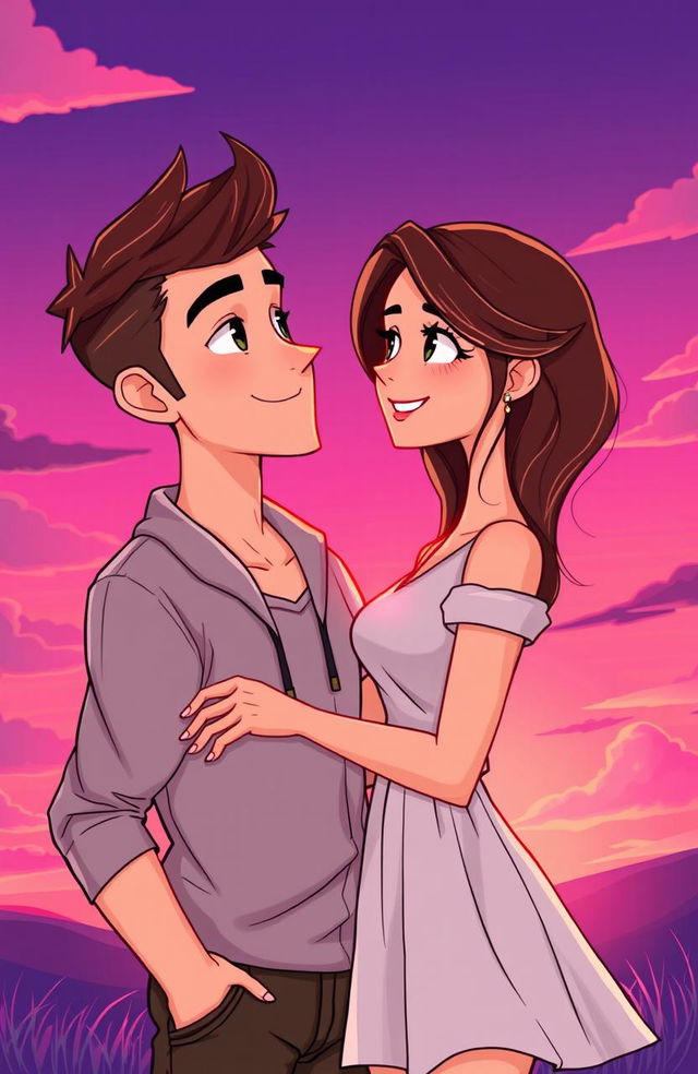 A charming cartoon portrayal of a handsome man and a beautiful woman in a romantic pose