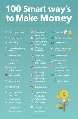 A visually engaging infographic listing 100 smart ways to make money, designed in a colorful and modern style