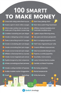 A visually engaging infographic listing 100 smart ways to make money, designed in a colorful and modern style