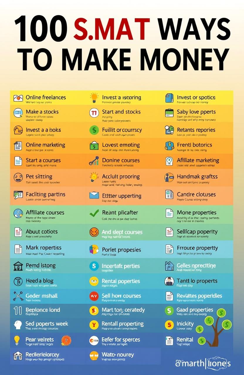 A visually engaging infographic listing 100 smart ways to make money, designed in a colorful and modern style