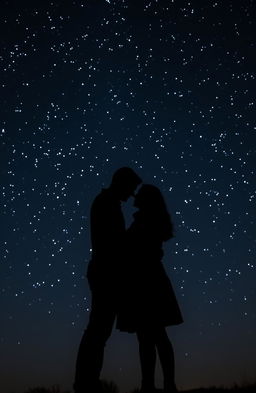 A romantic silhouette of a couple standing together under a star-filled night sky, highlighting their intimate pose as they embrace, surrounded by twinkling stars