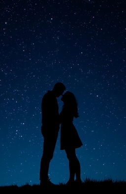 A romantic silhouette of a couple standing together under a star-filled night sky, highlighting their intimate pose as they embrace, surrounded by twinkling stars