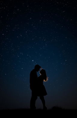 A romantic silhouette of a couple standing together under a star-filled night sky, highlighting their intimate pose as they embrace, surrounded by twinkling stars