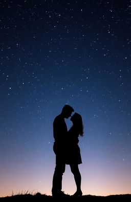 A romantic silhouette of a couple standing together under a star-filled night sky, highlighting their intimate pose as they embrace, surrounded by twinkling stars