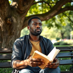 A thoughtful and introspective 40-year-old African man, sitting on a park bench under the shade of a large tree