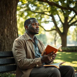 A thoughtful and introspective 40-year-old African man, sitting on a park bench under the shade of a large tree