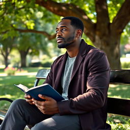 A thoughtful and introspective 40-year-old African man, sitting on a park bench under the shade of a large tree