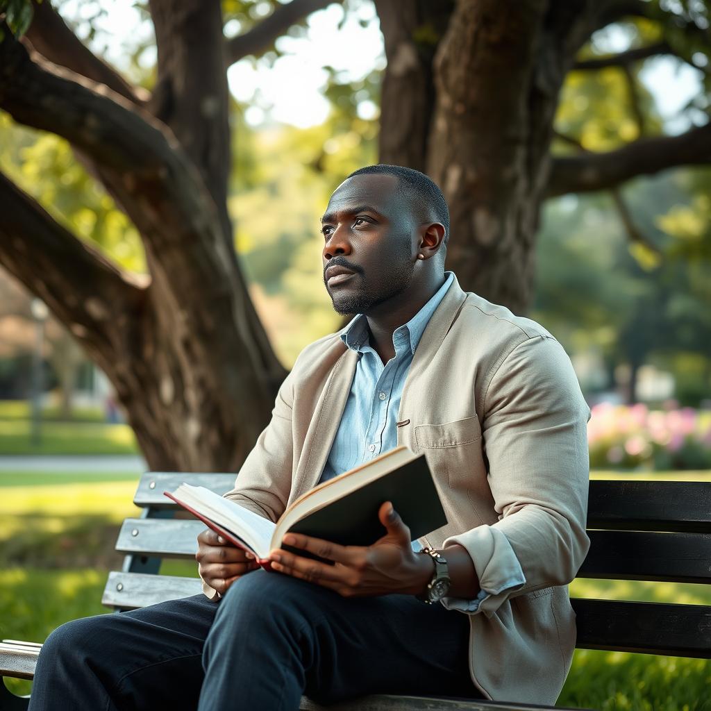 A thoughtful and introspective 40-year-old African man, sitting on a park bench under the shade of a large tree