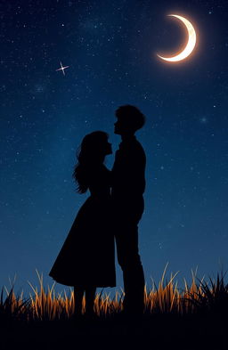 A beautiful silhouette of a couple under a starry night sky, featuring a young, attractive woman and a figure inspired by Jungkook from BTS