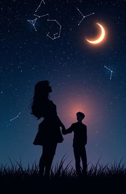 A beautiful silhouette of a couple under a starry night sky, featuring a young, attractive woman and a figure inspired by Jungkook from BTS