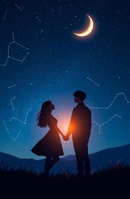 A beautiful silhouette of a couple under a starry night sky, featuring a young, attractive woman and a figure inspired by Jungkook from BTS