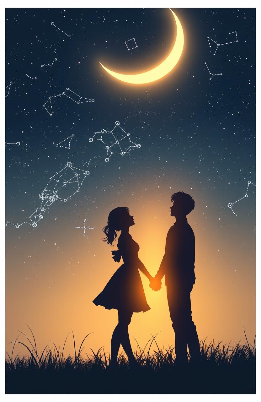 A beautiful silhouette of a couple under a starry night sky, featuring a young, attractive woman and a figure inspired by Jungkook from BTS