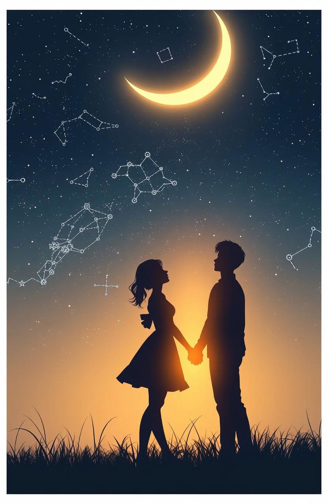 A beautiful silhouette of a couple under a starry night sky, featuring a young, attractive woman and a figure inspired by Jungkook from BTS