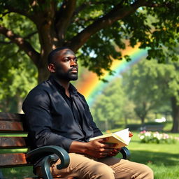 A thoughtful and introspective 40-year-old African man, sitting on a park bench under the shade of a large tree, with a vibrant rainbow in the background