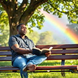 A thoughtful and introspective 40-year-old African man, sitting on a park bench under the shade of a large tree, with a vibrant rainbow in the background