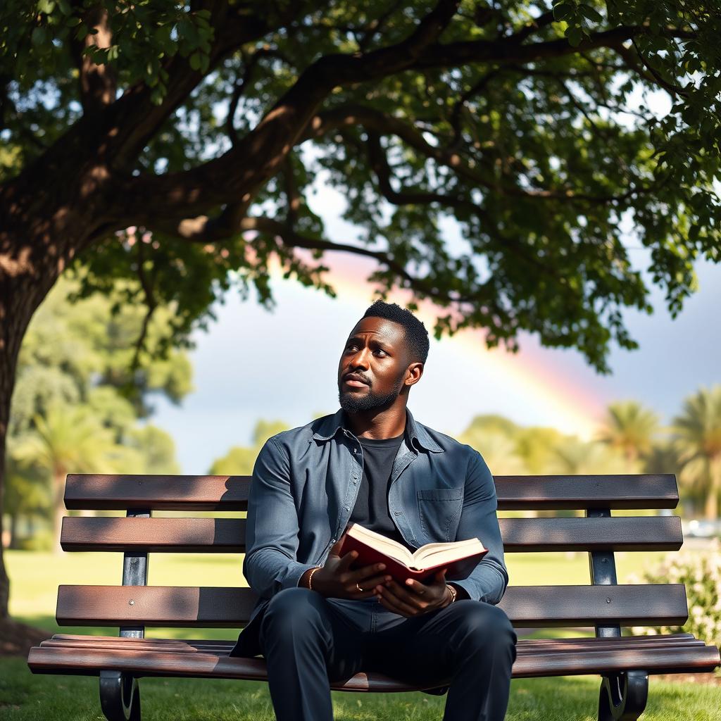 A thoughtful and introspective 40-year-old African man, sitting on a park bench under the shade of a large tree, with a vibrant rainbow in the background