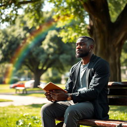 A thoughtful and introspective 40-year-old African man, sitting on a park bench under the shade of a large tree, with a vibrant rainbow in the background