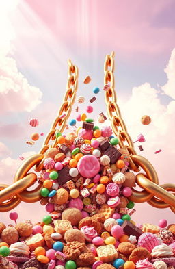 A powerful and symbolic scene depicting a giant pair of golden chains breaking apart, with colorful, delicious sweets like candy, chocolate, and pastries bursting out from the fractures