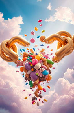 A powerful and symbolic scene depicting a giant pair of golden chains breaking apart, with colorful, delicious sweets like candy, chocolate, and pastries bursting out from the fractures