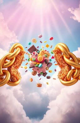 A powerful and symbolic scene depicting a giant pair of golden chains breaking apart, with colorful, delicious sweets like candy, chocolate, and pastries bursting out from the fractures