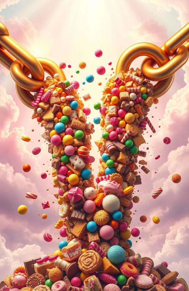 A powerful and symbolic scene depicting a giant pair of golden chains breaking apart, with colorful, delicious sweets like candy, chocolate, and pastries bursting out from the fractures