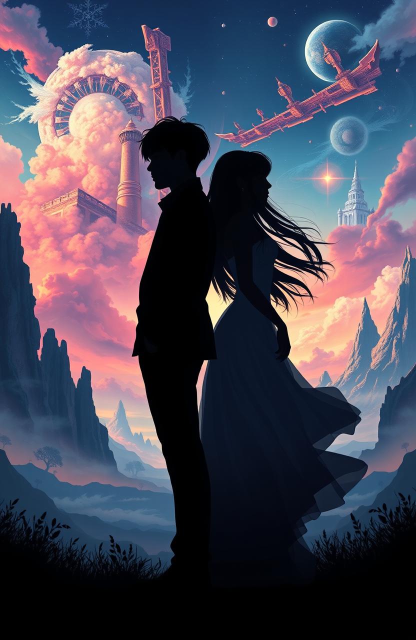 A striking silhouette of a couple standing back-to-back in a parallel world setting