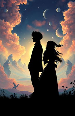 A striking silhouette of a couple standing back-to-back in a parallel world setting