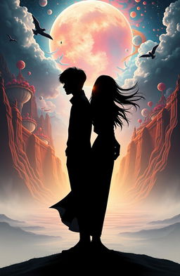 A striking silhouette of a couple standing back-to-back in a parallel world setting