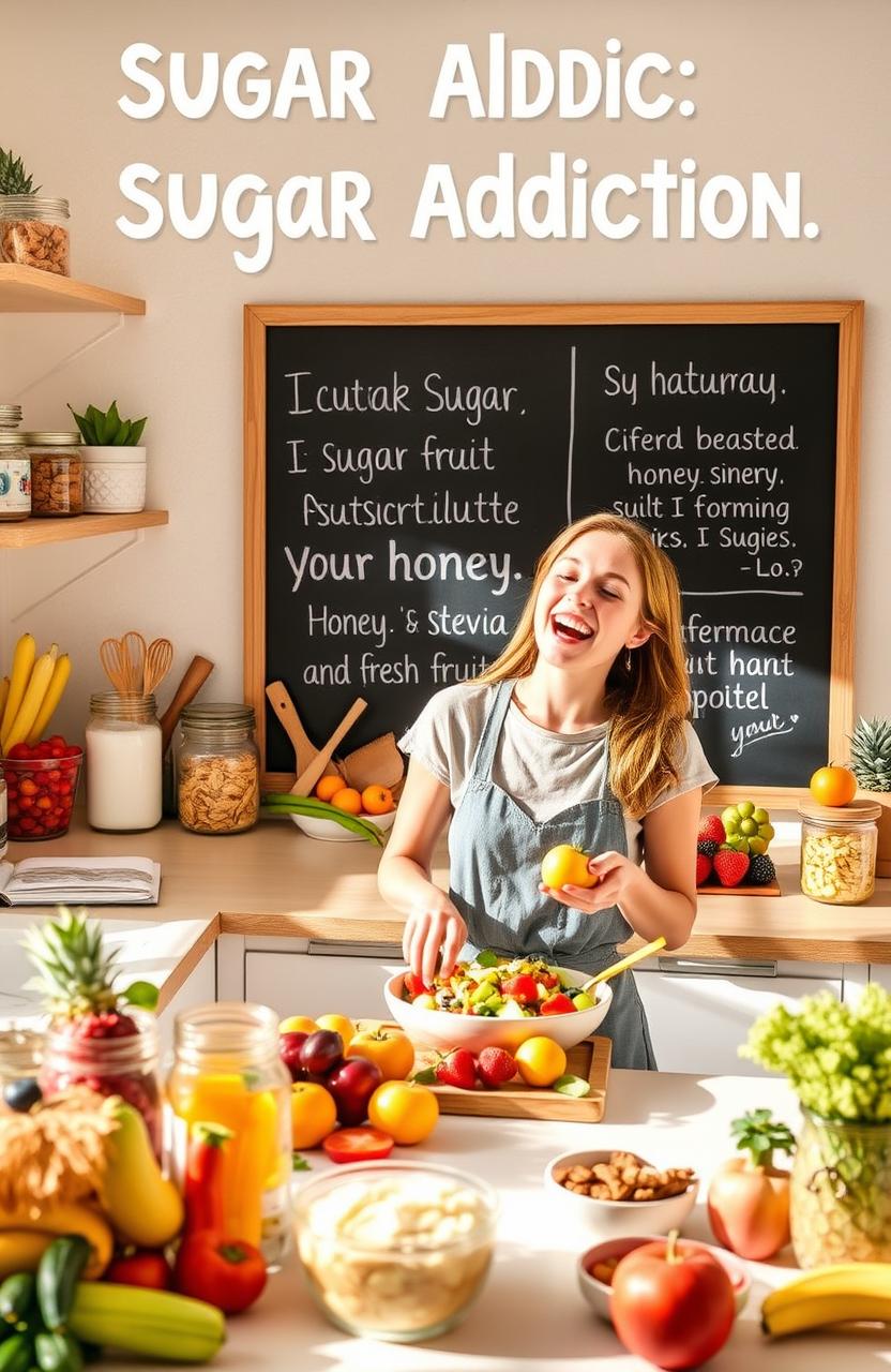 A motivational and educational scene depicting a vibrant, healthy kitchen filled with colorful fruits and vegetables, jars of nutritious snacks, and a chalkboard with inspiring quotes about overcoming sugar addiction