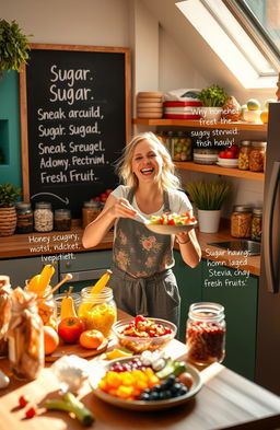 A motivational and educational scene depicting a vibrant, healthy kitchen filled with colorful fruits and vegetables, jars of nutritious snacks, and a chalkboard with inspiring quotes about overcoming sugar addiction