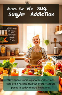 A motivational and educational scene depicting a vibrant, healthy kitchen filled with colorful fruits and vegetables, jars of nutritious snacks, and a chalkboard with inspiring quotes about overcoming sugar addiction