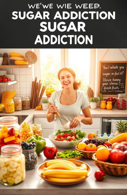 A motivational and educational scene depicting a vibrant, healthy kitchen filled with colorful fruits and vegetables, jars of nutritious snacks, and a chalkboard with inspiring quotes about overcoming sugar addiction