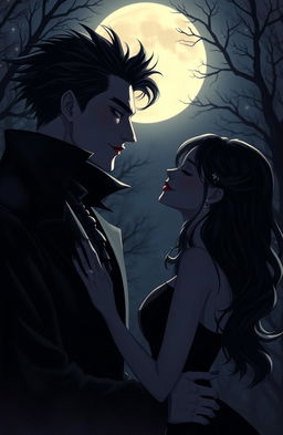 A male vampire with striking features and piercing eyes, dressed in elegant dark clothing, gazing lovingly at a silhouetted couple in a romantic embrace