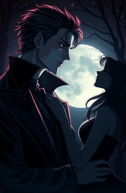 A male vampire with striking features and piercing eyes, dressed in elegant dark clothing, gazing lovingly at a silhouetted couple in a romantic embrace