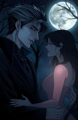 A male vampire with striking features and piercing eyes, dressed in elegant dark clothing, gazing lovingly at a silhouetted couple in a romantic embrace