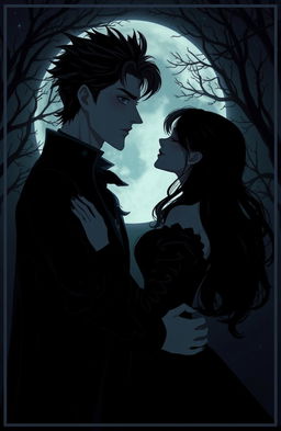 A male vampire with striking features and piercing eyes, dressed in elegant dark clothing, gazing lovingly at a silhouetted couple in a romantic embrace